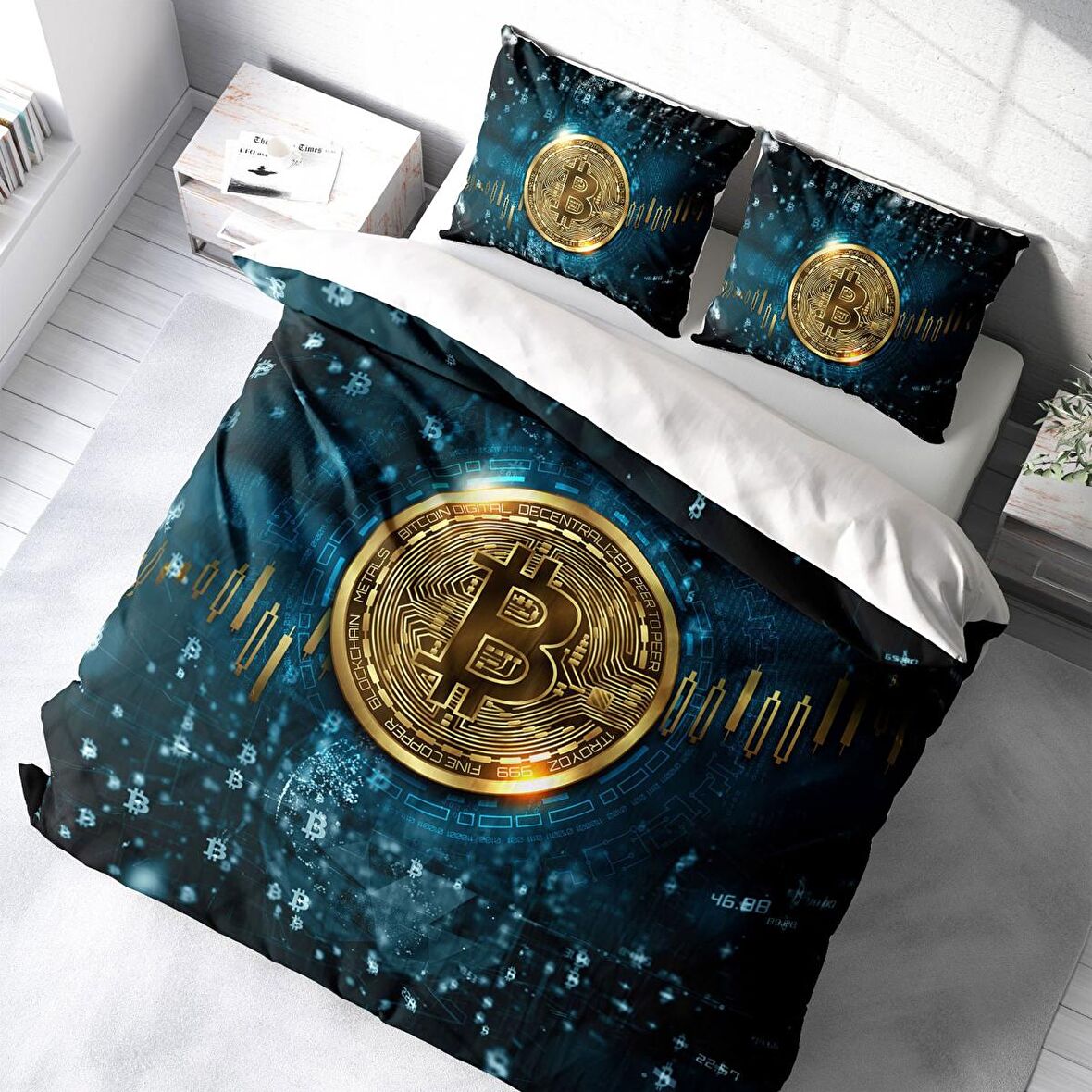 Monohome Bitcoin 3D Temalı Pamuk Saten Çift Kişilik Nevresim Takımı