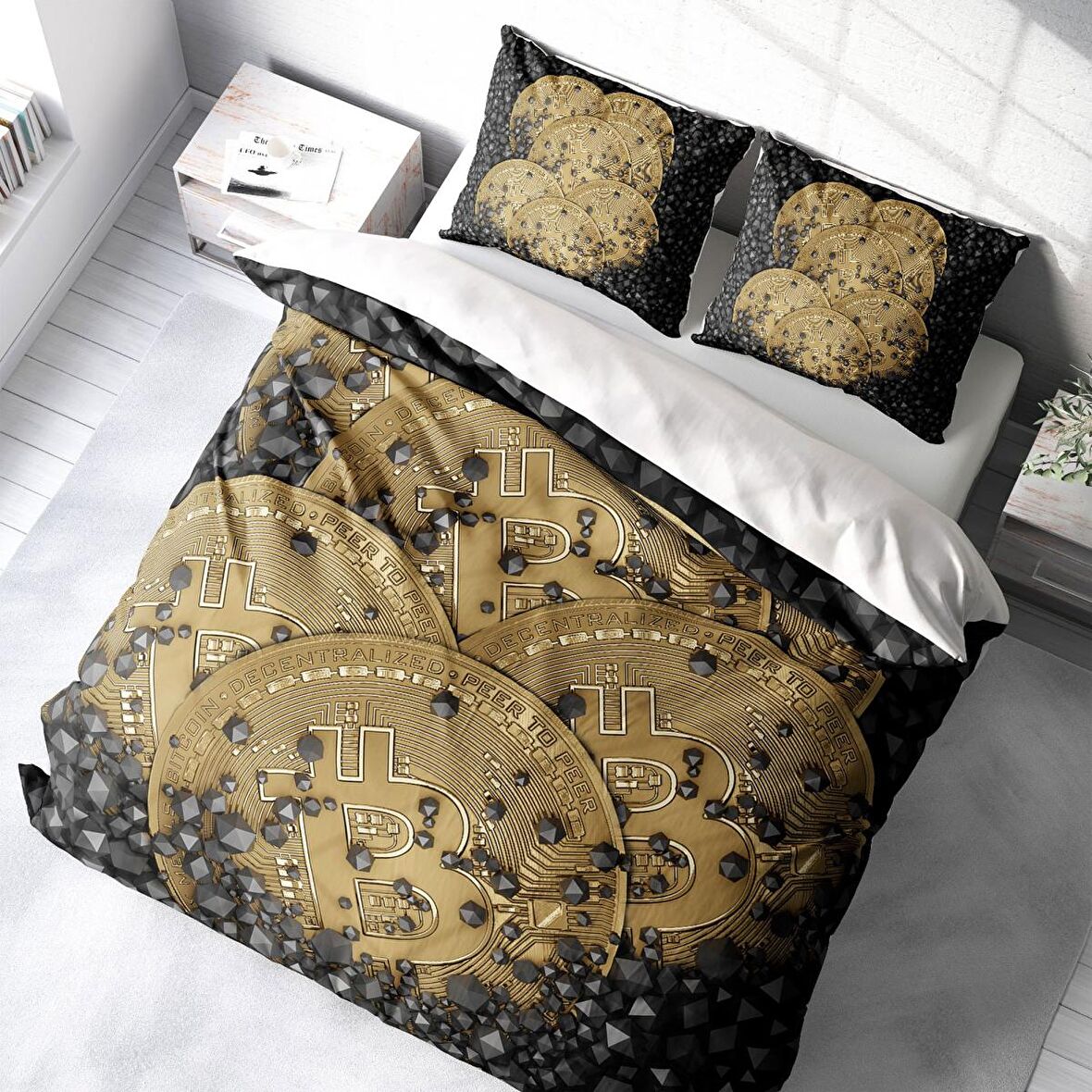 Monohome Bitcoin-1 3D Temalı Pamuk Saten Çift Kişilik Nevresim Takımı