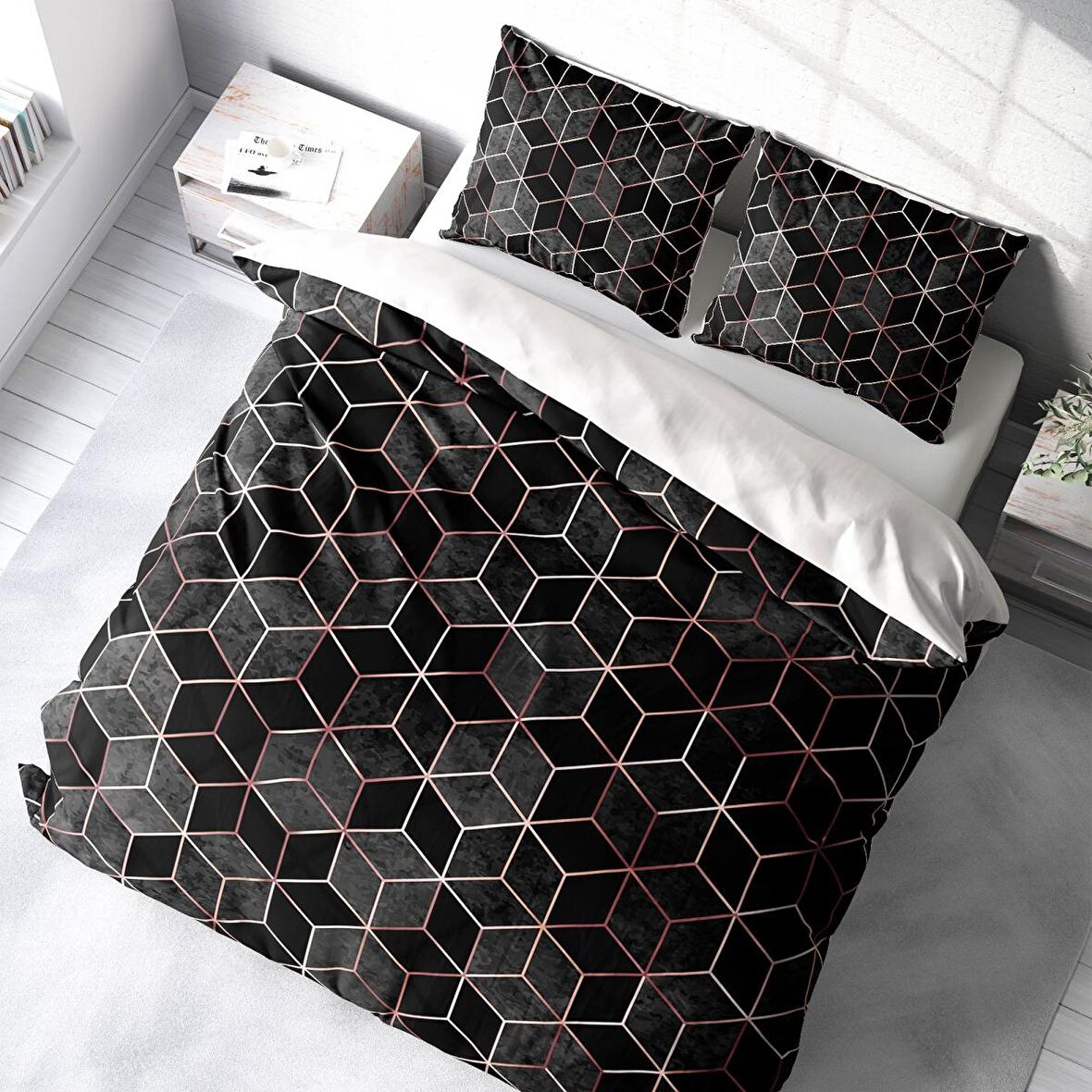 Monohome Gold Cube 3D Temalı Pamuk Saten Çift Kişilik Nevresim Takımı