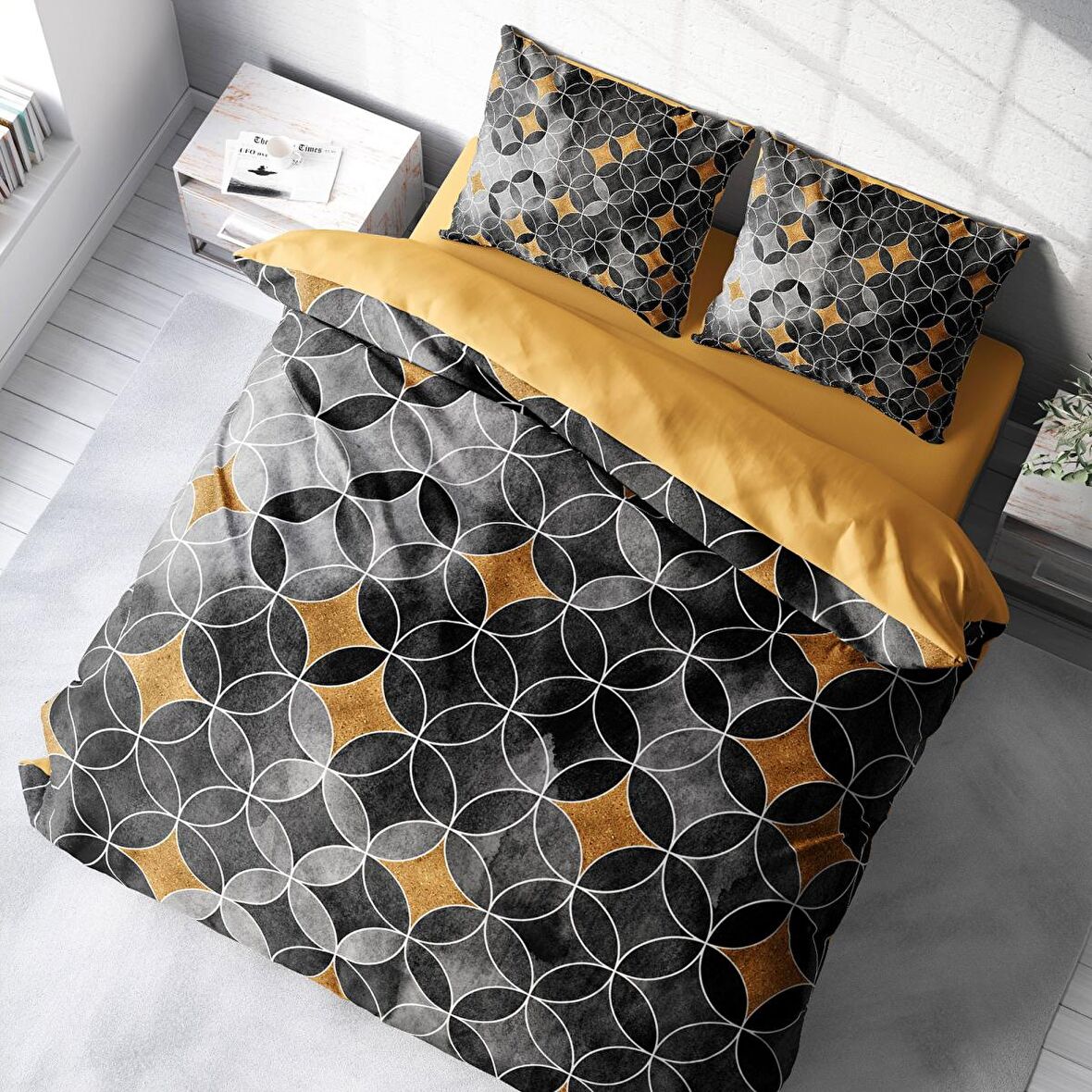Monohome Grey Circle 3D Temalı Pamuk Saten Çift Kişilik Nevresim Takımı