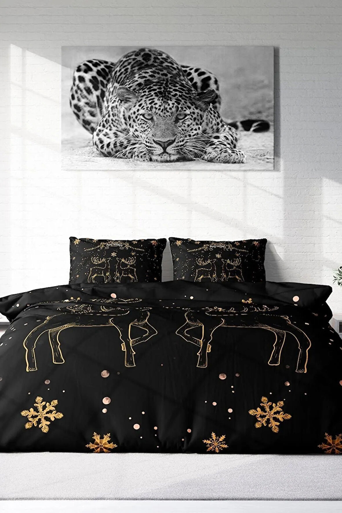 Yılbaşı Nevresim Takım %100 Doğal Pamuk Merry Christmas Çift Kişilik Black Deer