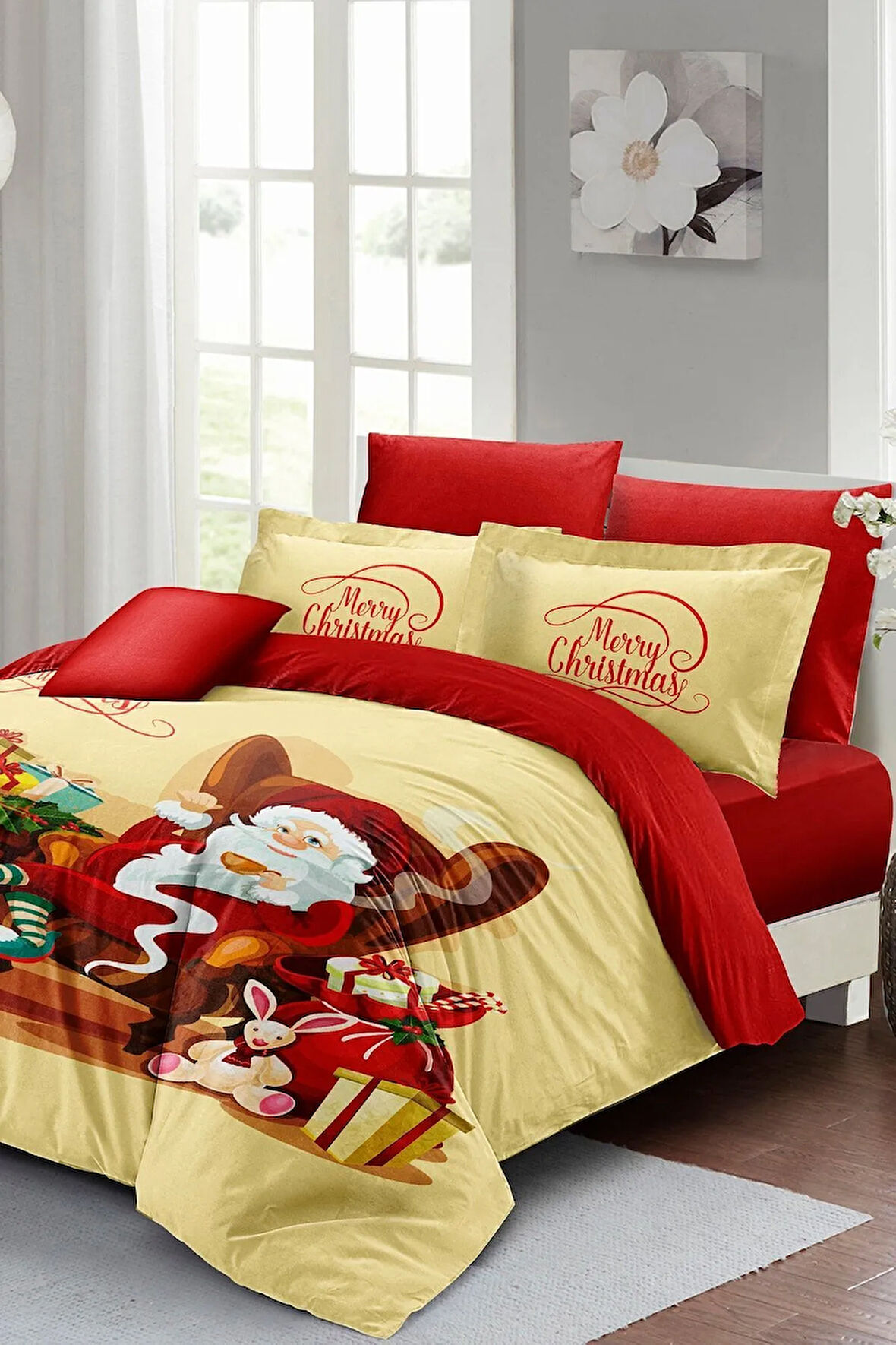 Yılbaşı Süsü Noel Baba Noel %100 Pamuk Saten 3d Çift Kişilik Nevresim Takımı