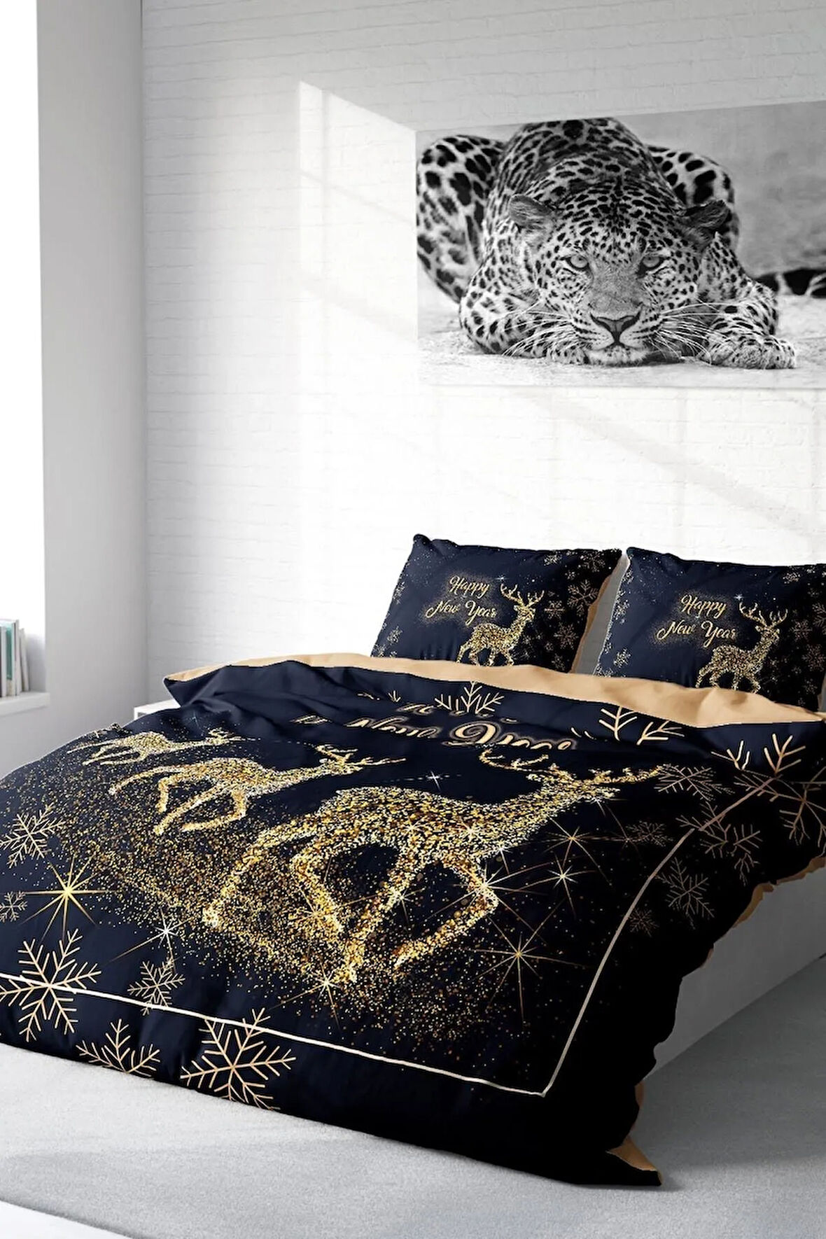 Yılbaşı Nevresim Takım %100 Doğal Pamuk Merry Christmas Çift Kişilik Geyik