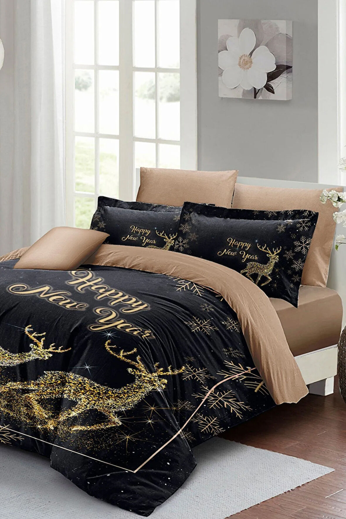 Yılbaşı Süsü Geyik Noel %100 Pamuk Saten 3d Çift Kişilik Nevresim Takımı