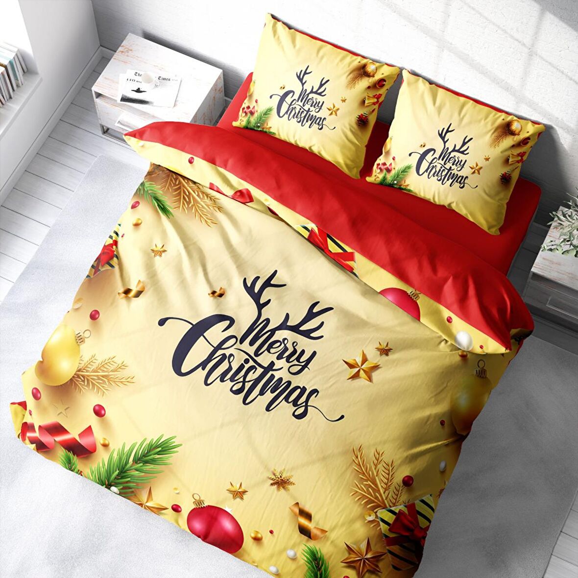 Monohome Merry Christmas Yellow 3D Temalı Pamuk Saten Çift Kişilik Nevresim Takımı