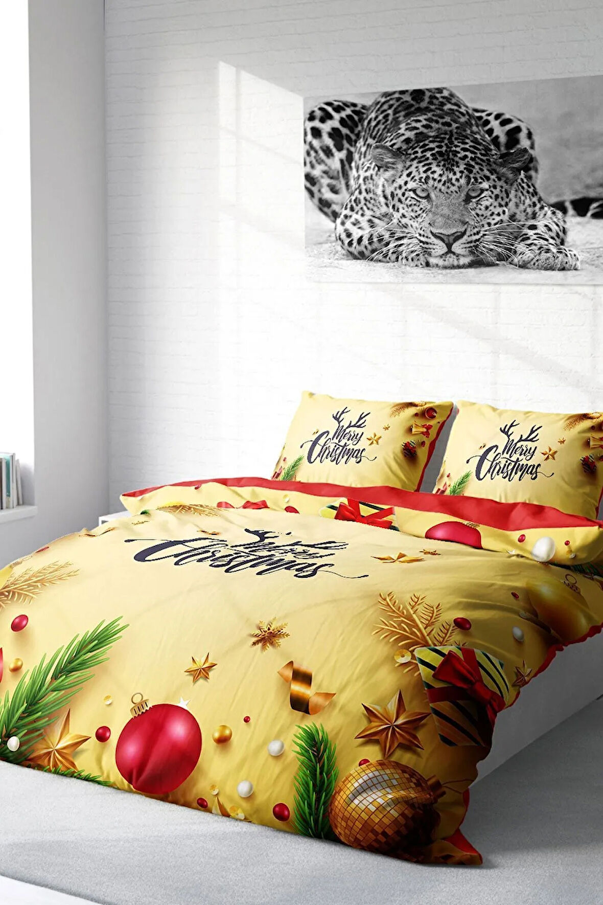 Yılbaşı Nevresim Takım %100 Doğal Pamuk Merry Christmas Çift Kişilik Yellow