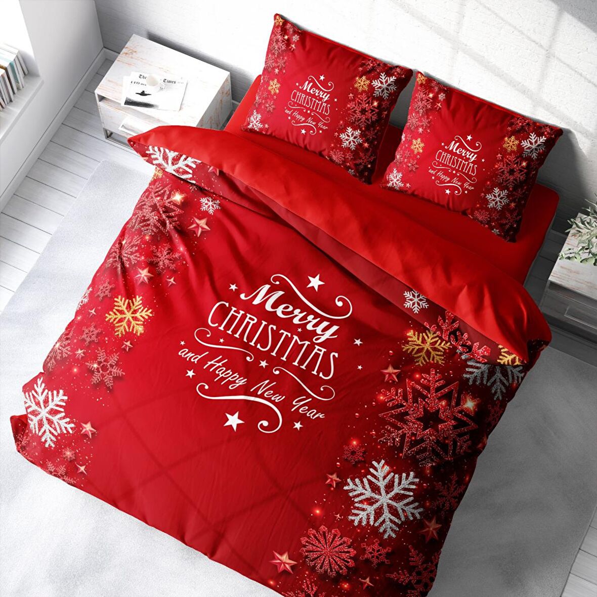 Monohome Merry Christmas Snow Flake 3D Temalı Pamuk Saten Çift Kişilik Nevresim Takımı