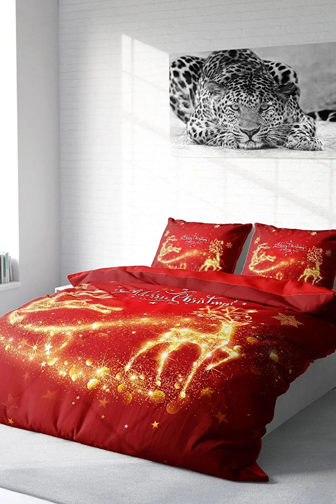Yılbaşı Nevresim Takım %100 Doğal Pamuk Merry Christmas Çift Kişilik Gold Deers