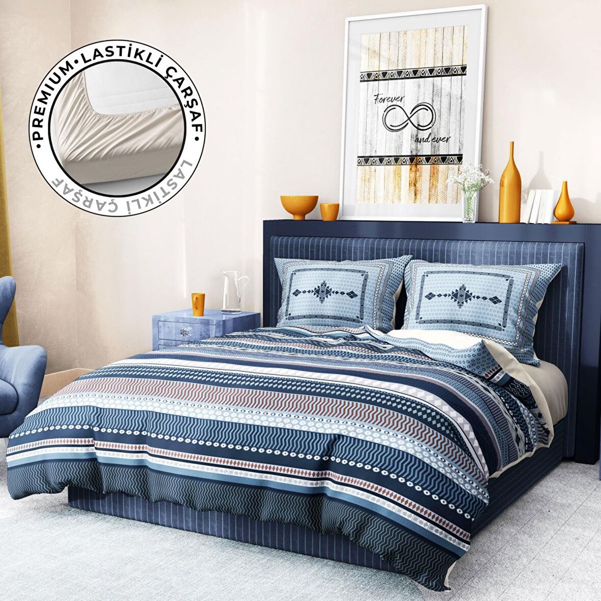 Monohome Premium Luxury Blue Suite 3D Temalı Pamuk Saten Çift Kişilik Nevresim Takımı