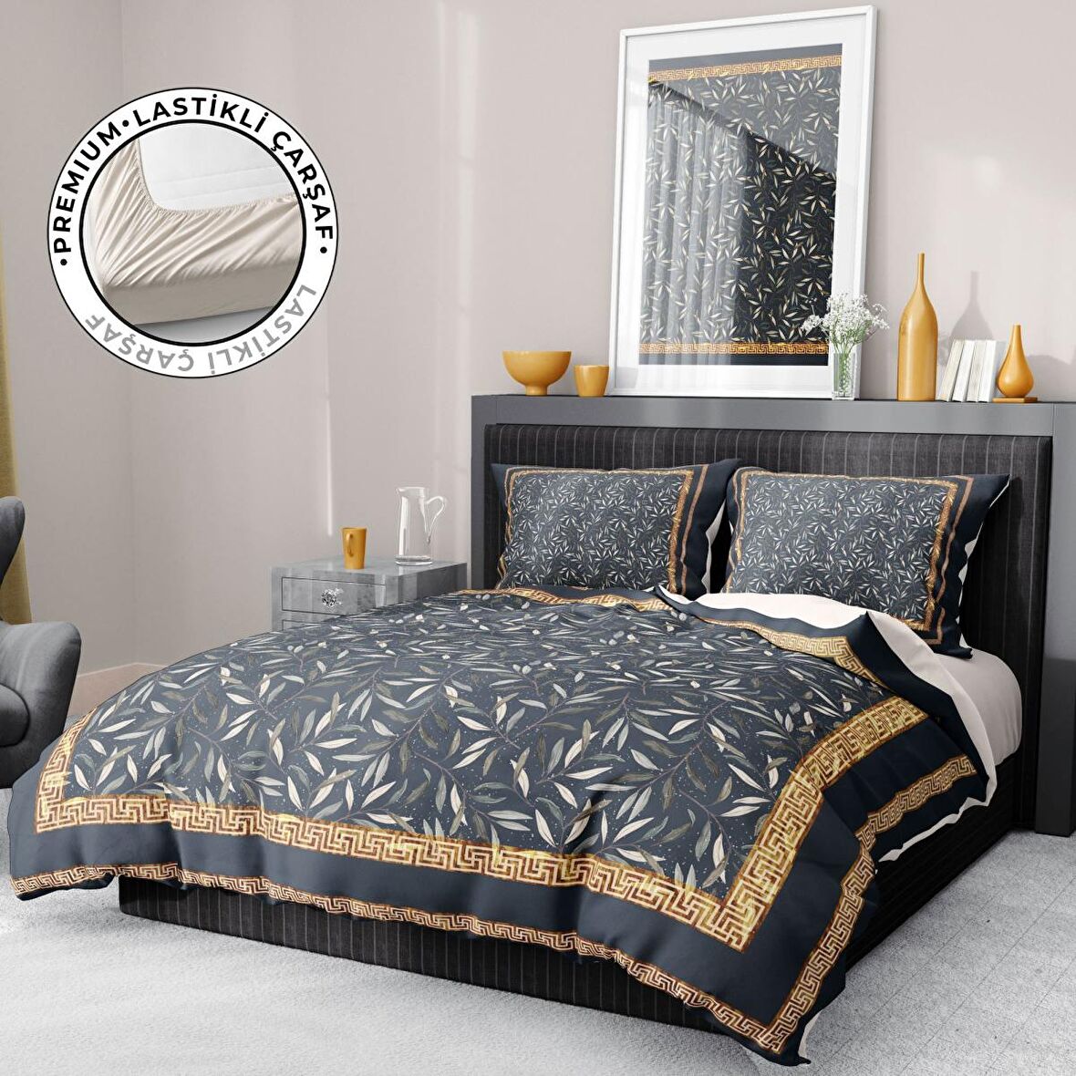 Monohome Premium Luxury Dark Leaf 3D Temalı Pamuk Saten Çift Kişilik Nevresim Takımı