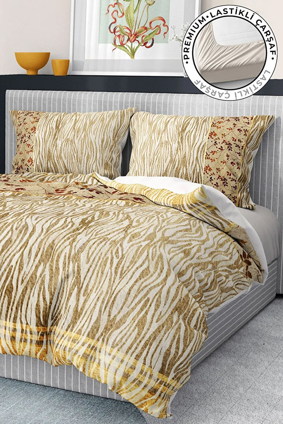 %100 Pamuk Saten Nevresim Takımı Lastikli Çarşaf Deluxe Çift Kişilik 3d Zebra