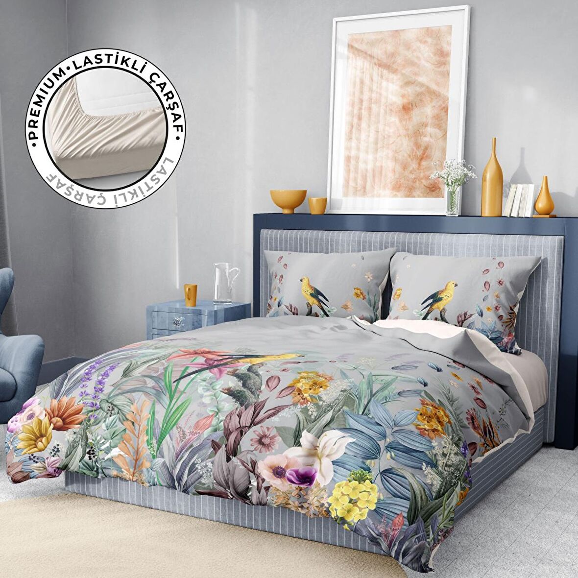 Monohome Premium Luxury Flower Forest Çiçekli Pamuk Saten Çift Kişilik Nevresim Takımı