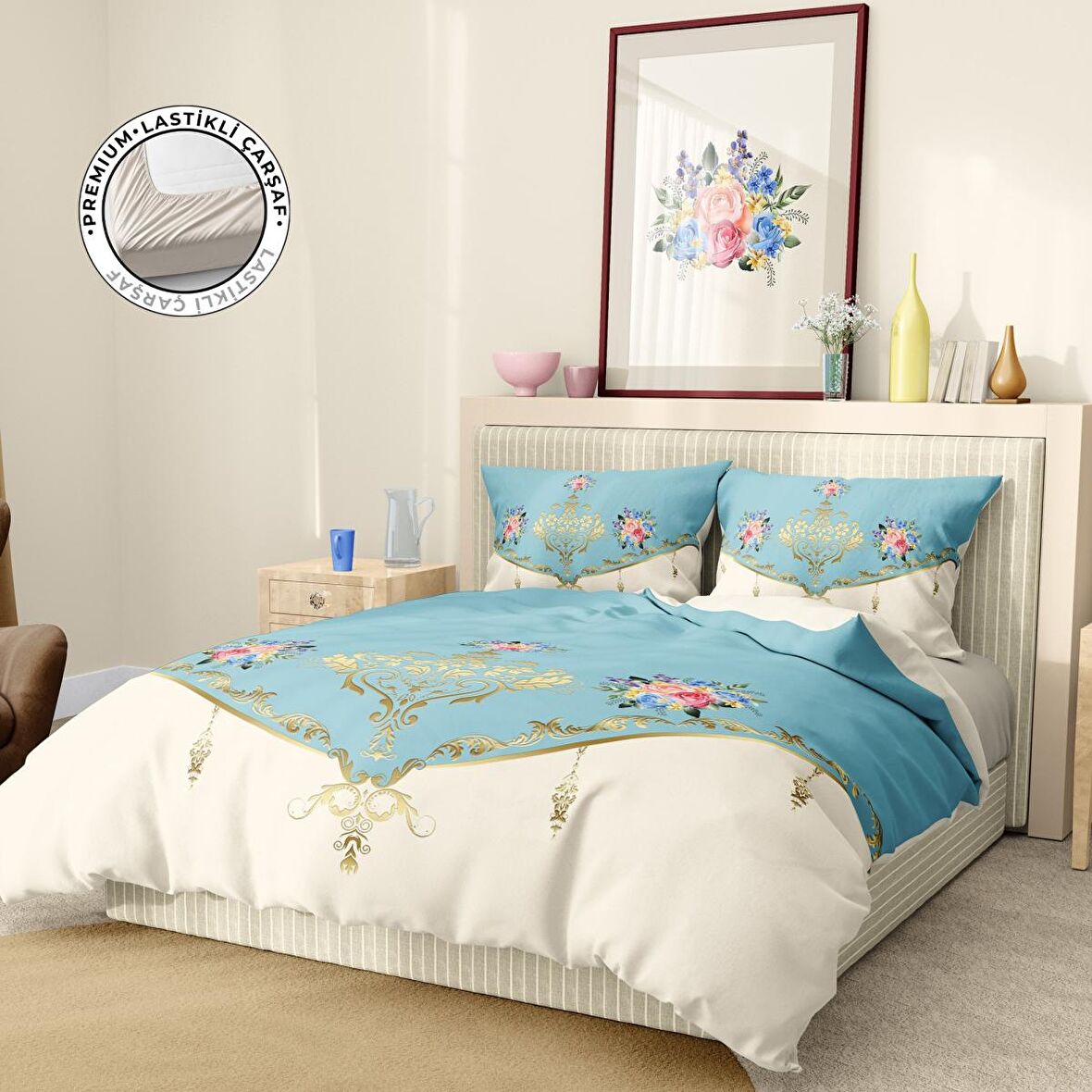 Monohome Premium Luxury Soft Stylish Çiçekli Pamuk Saten Çift Kişilik Nevresim Takımı