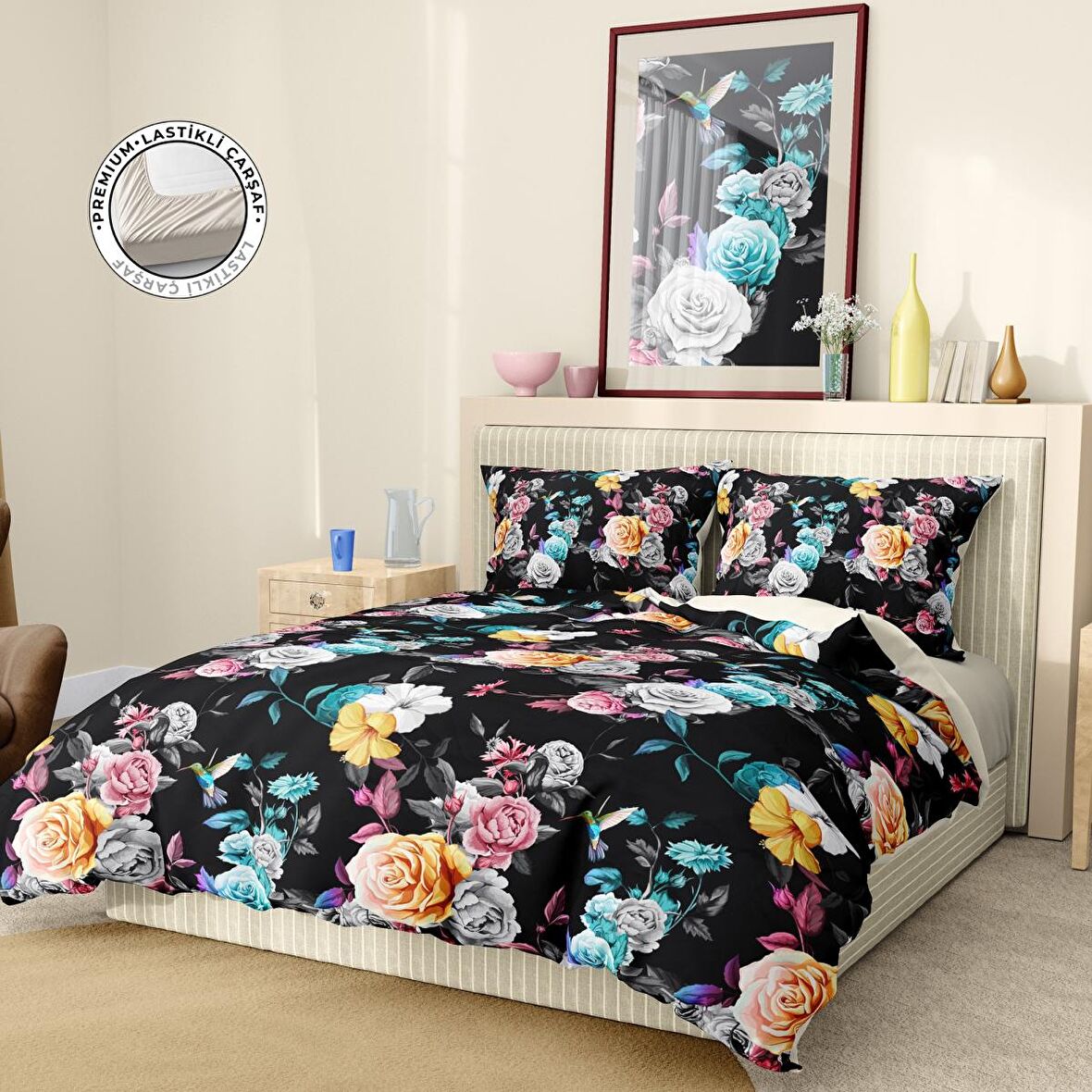 Monohome Premium Luxury Black Flower Çiçekli Pamuk Saten Çift Kişilik Nevresim Takımı
