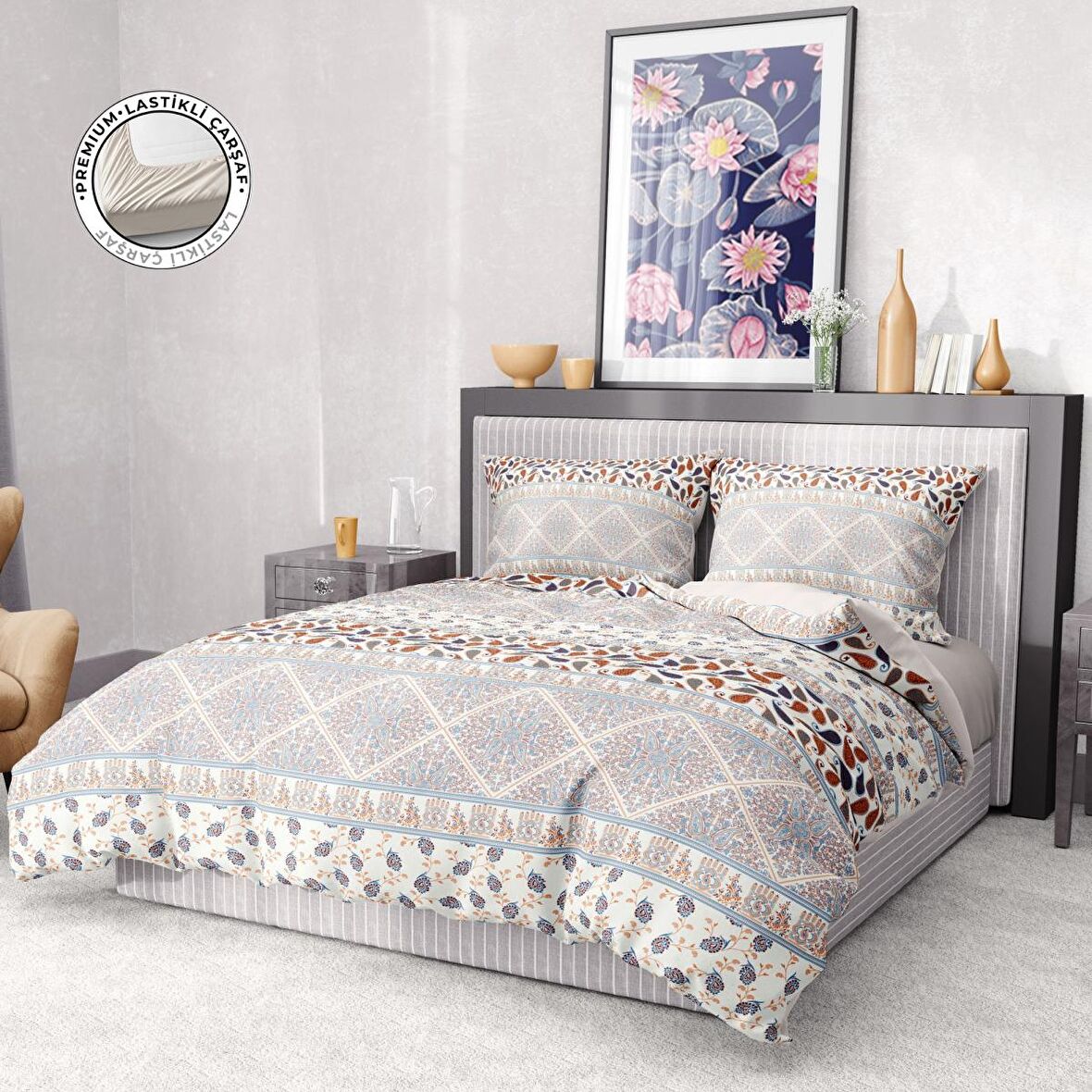 Monohome Premium Luxury Patchwork 3D Temalı Pamuk Saten Çift Kişilik Nevresim Takımı