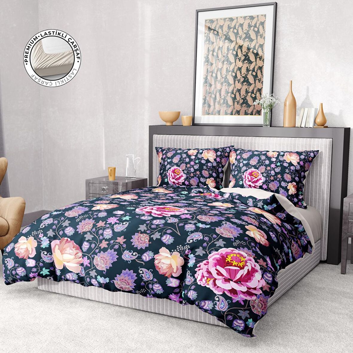 Monohome Premium Luxury Purple Paisley Çiçekli Pamuk Saten Çift Kişilik Nevresim Takımı