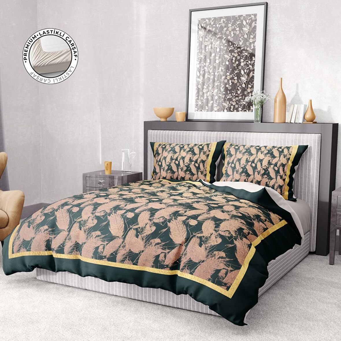 Monohome Premium Luxury Leaf 3D Temalı Pamuk Saten Çift Kişilik Nevresim Takımı