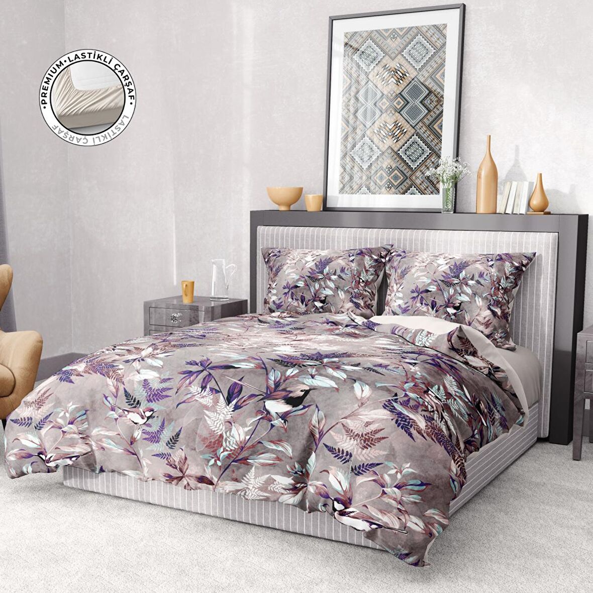 Monohome Premium Luxury Bird Çiçekli Pamuk Saten Çift Kişilik Nevresim Takımı