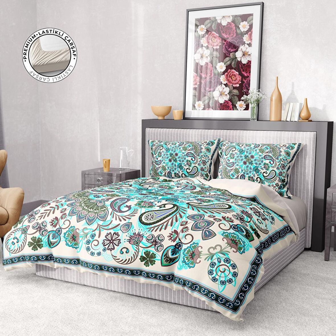 Monohome Premium Luxury Paisley 3D Temalı Pamuk Saten Çift Kişilik Nevresim Takımı