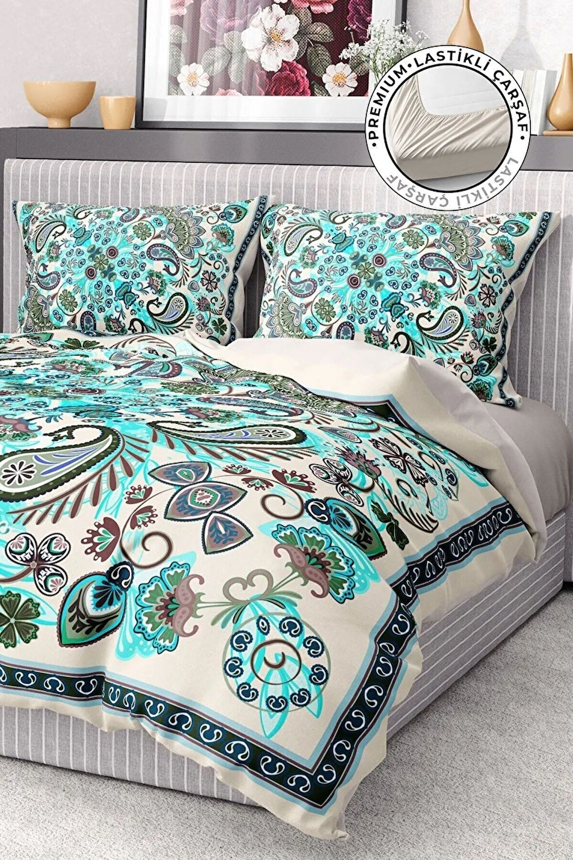 %100 Pamuk Saten Nevresim Takımı Lastikli Çarşaf Deluxe Çift Kişilik 3d Blue