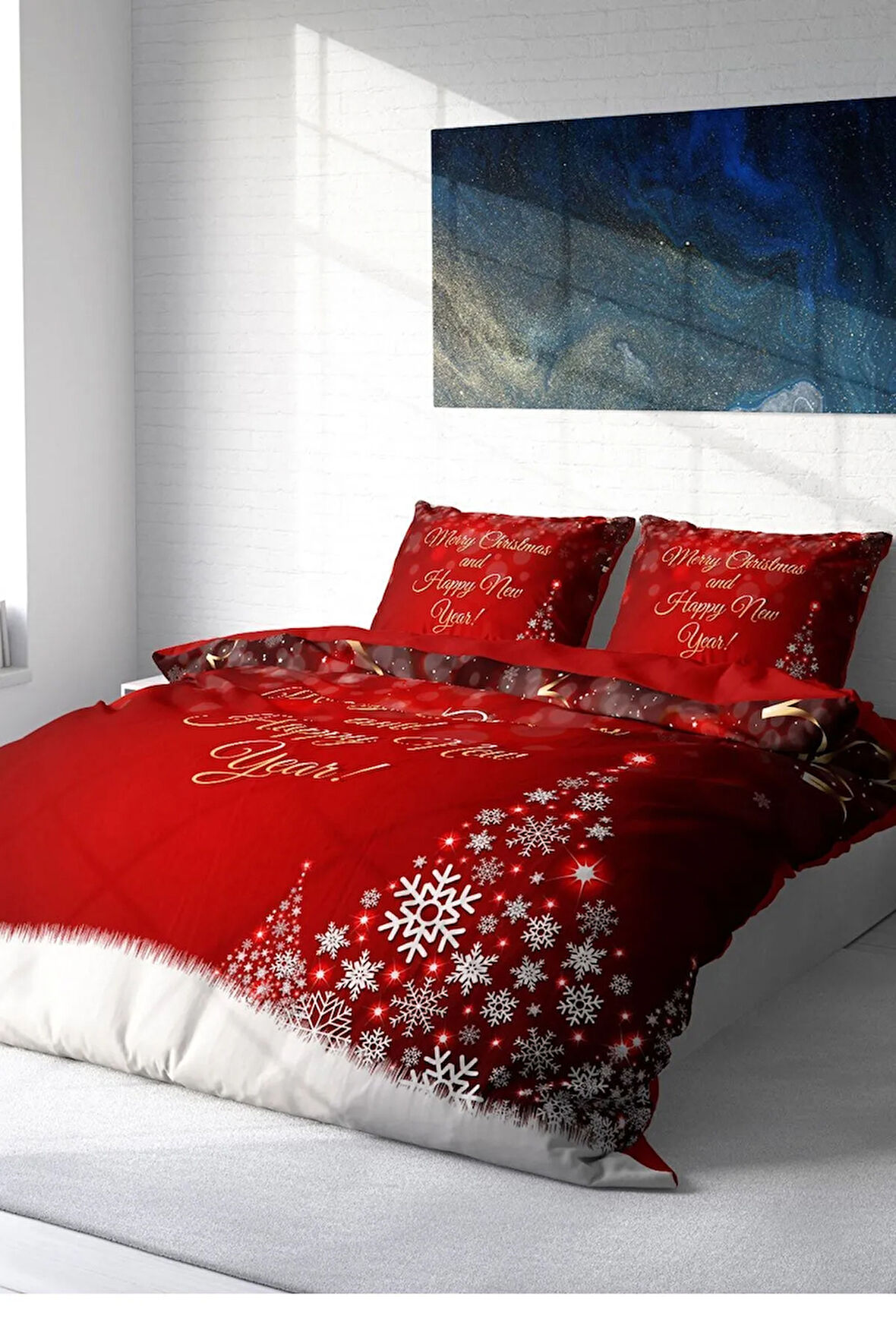 Yılbaşı Nevresim Takım %100 Doğal Pamuk Merry Christmas Çift Kişilik Happy New