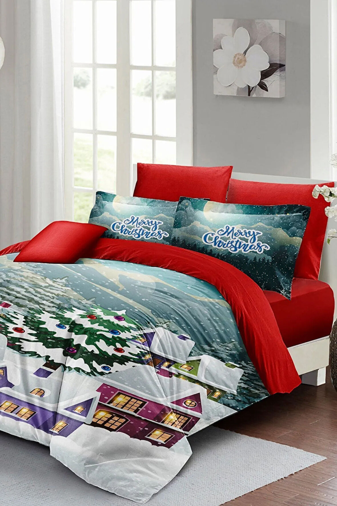 Yılbaşı Süsü Dream House Noel %100 Pamuk Saten 3d Çift Kişilik Nevresim Takımı