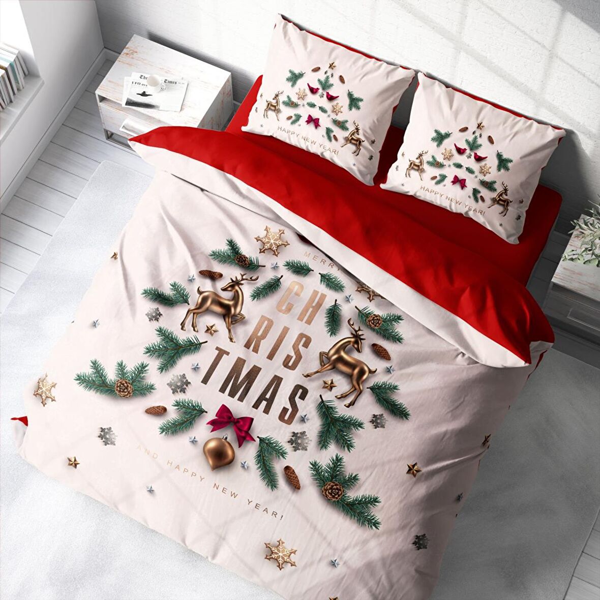 Monohome Merry Christmas 3D Temalı Pamuk Saten Çift Kişilik Nevresim Takımı
