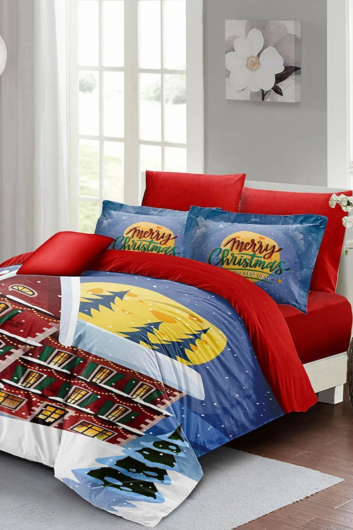 Yılbaşı Süsü Red House* Noel %100 Pamuk Saten 3d Çift Kişilik Nevresim Takımı