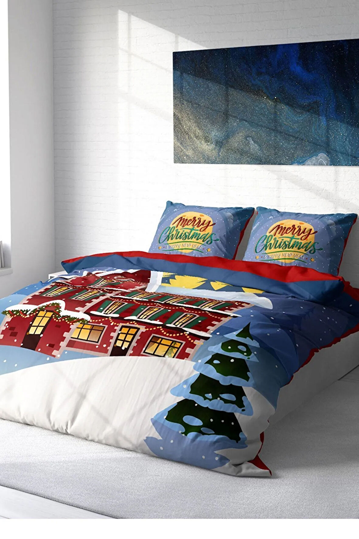 Yılbaşı Nevresim Takım %100 Doğal Pamuk Merry Christmas Çift Kişilik Red House*