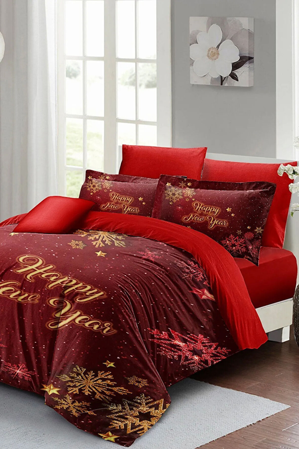 Yılbaşı Süsü Kar Kristalleri Noel %100 Pamuk Saten 3d Çift Kişilik Nevresim Takımı