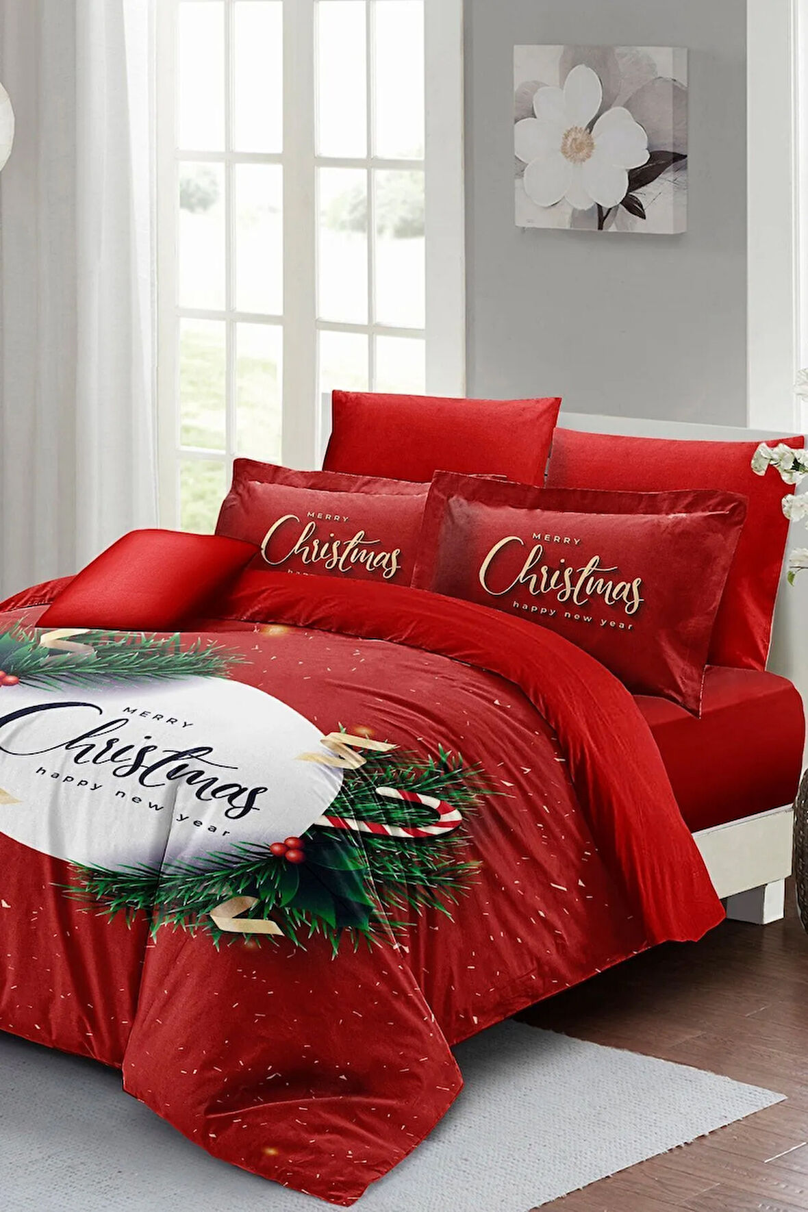 Yılbaşı Süsü Green Christmas Noel %100 Pamuk Saten 3d Çift Kişilik Nevresim Takımı
