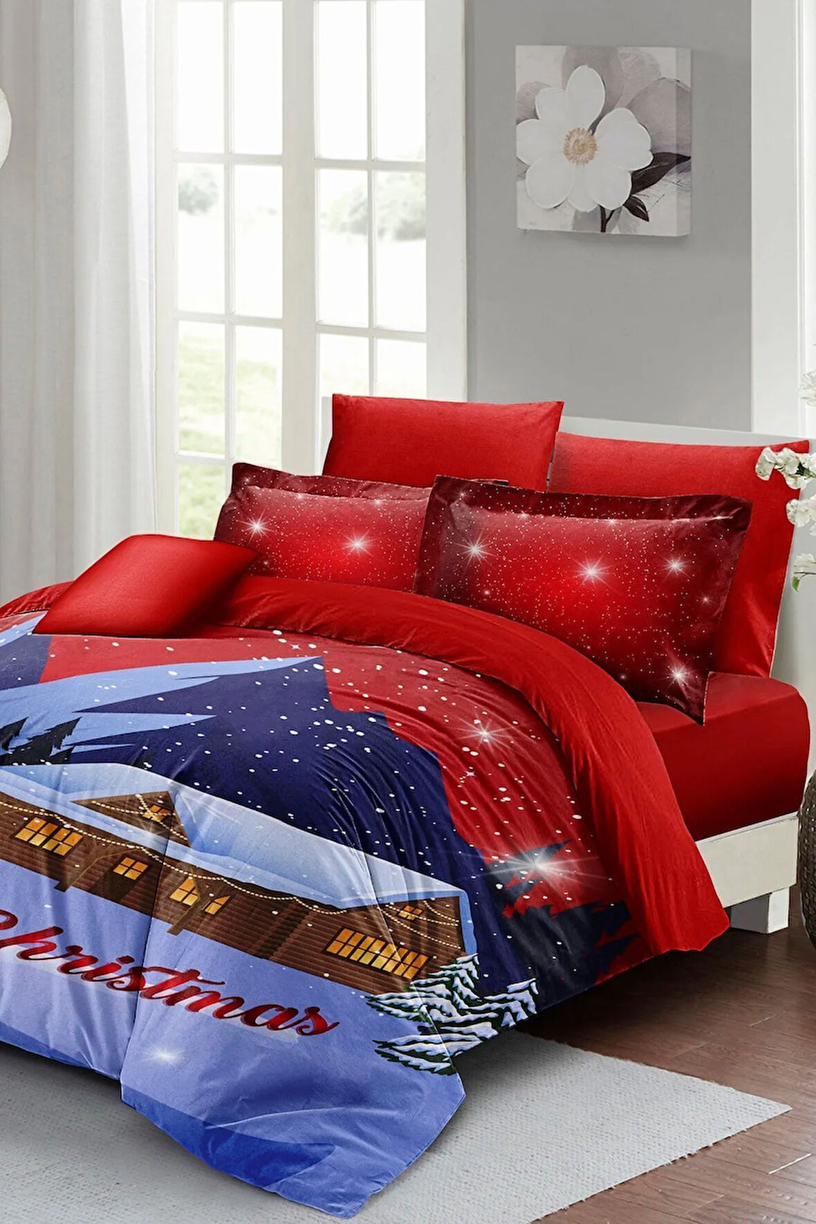 Yılbaşı Süsü House Noel %100 Pamuk Saten 3d Çift Kişilik Nevresim Takımı