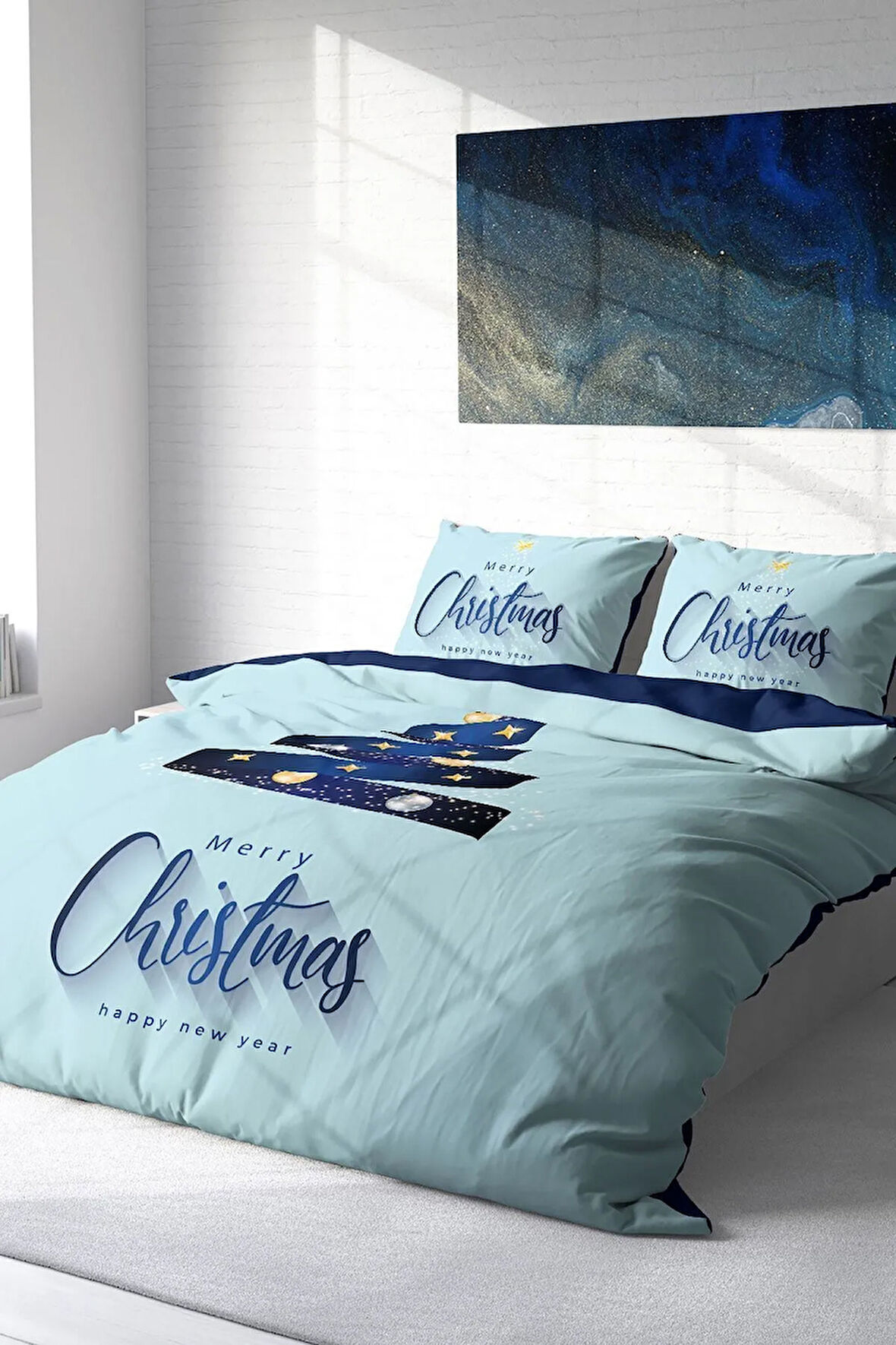 Yılbaşı Nevresim Takım %100 Doğal Pamuk Merry Christmas Çift Kişilik Blue Star