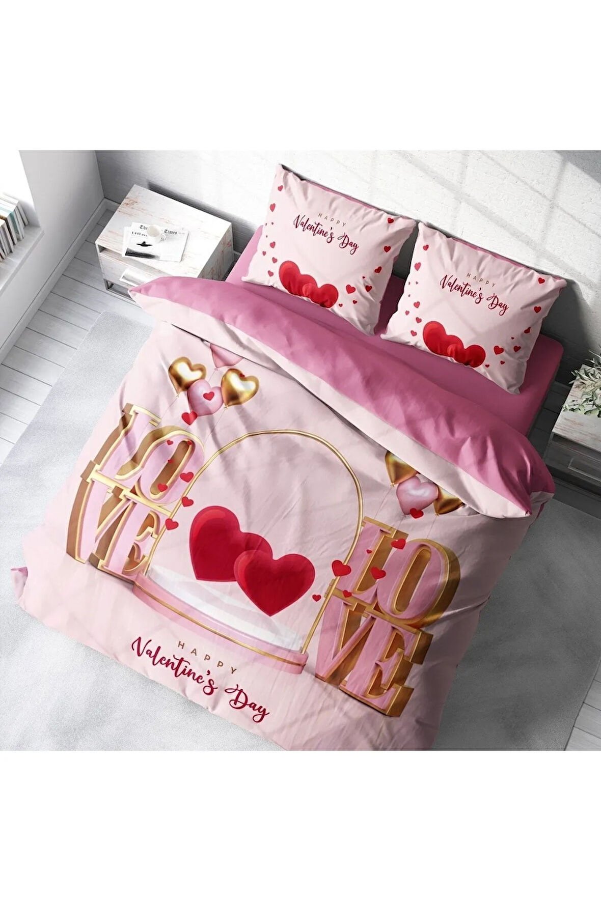 Sevgililer Günü Pamuk Saten Çift Kişilik Nevresim Takımı Happy Valentine's Day