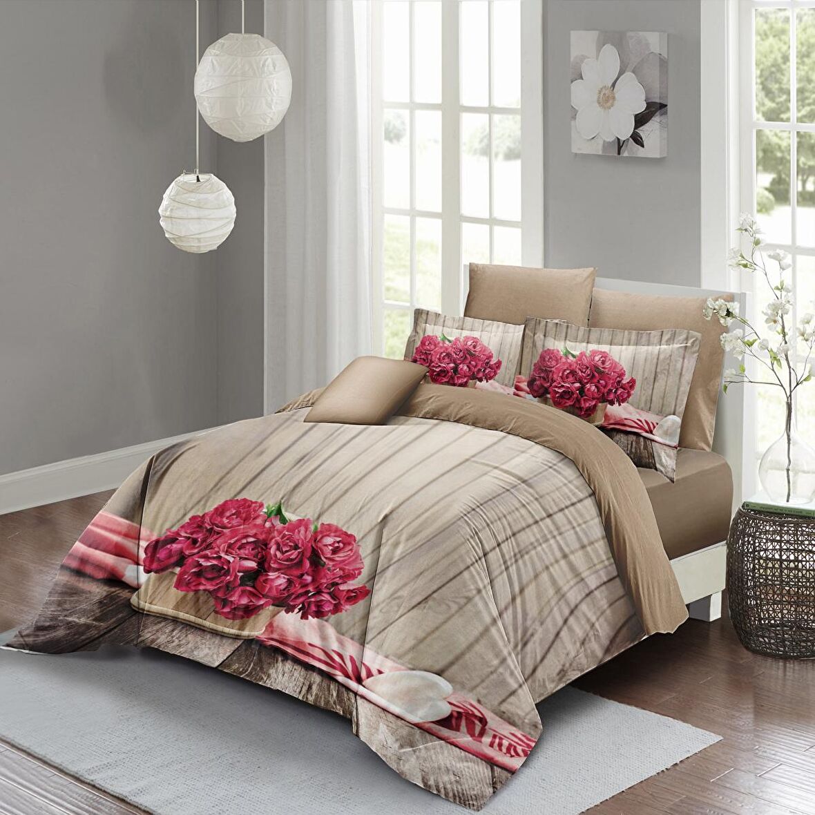 Monohome Pink Flowers 3D Temalı Pamuk Saten Çift Kişilik Nevresim Takımı