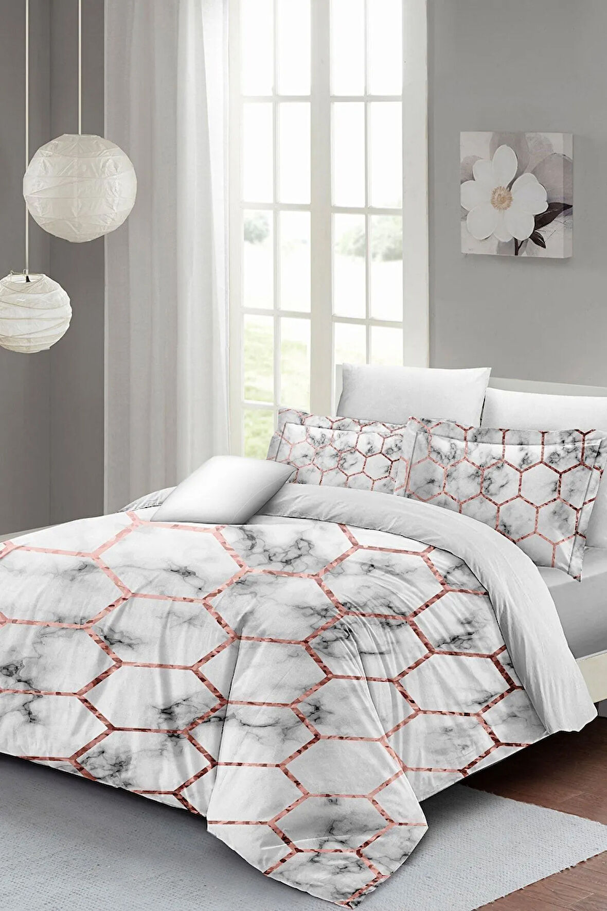 Nevresim Takımı %100 Doğal Pamuk Çift Kişilik 3d Digital Marble Geo