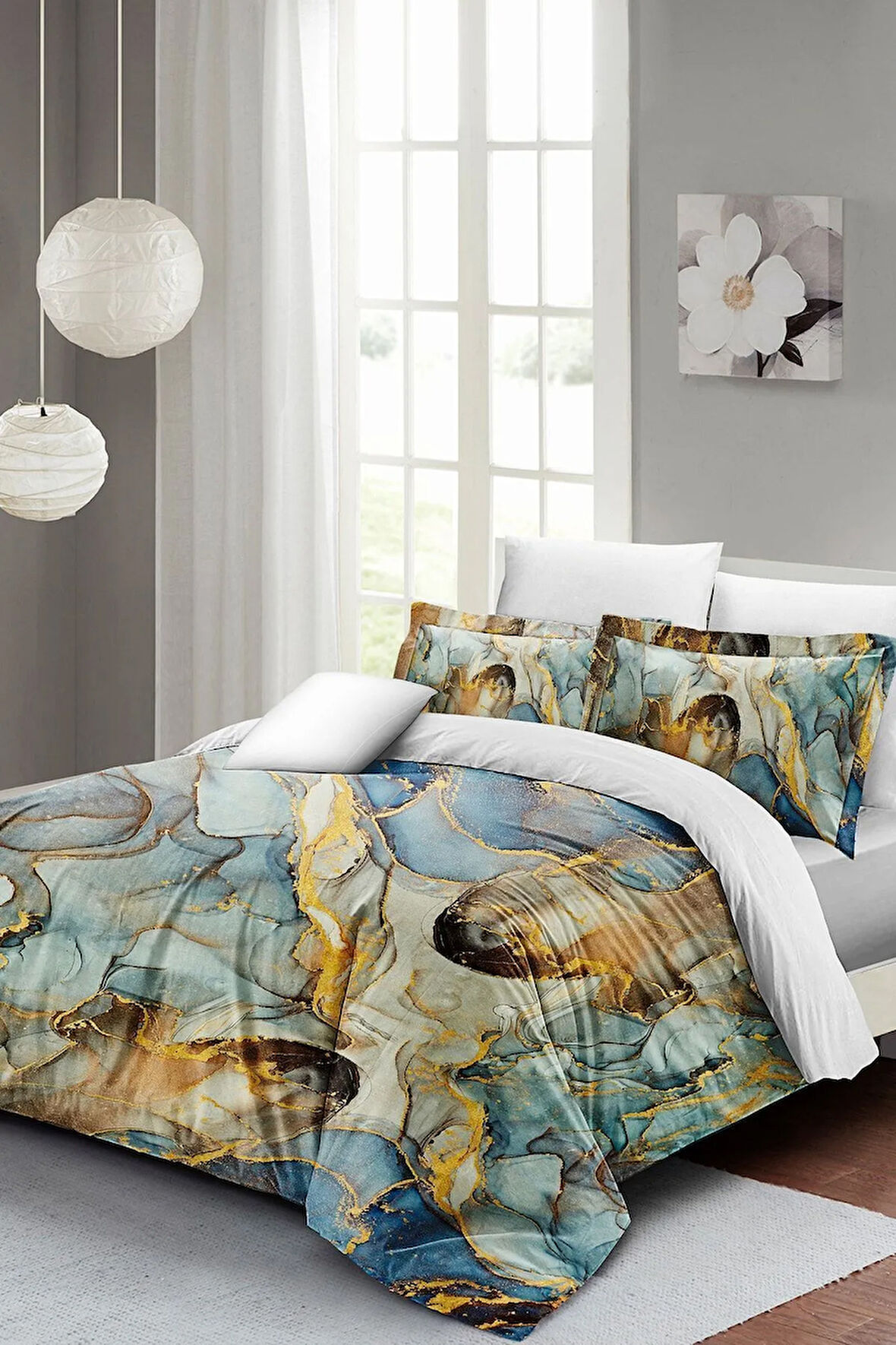 Nevresim Takımı %100 Doğal Pamuk Çift Kişilik 3d Digital Marble Shiny