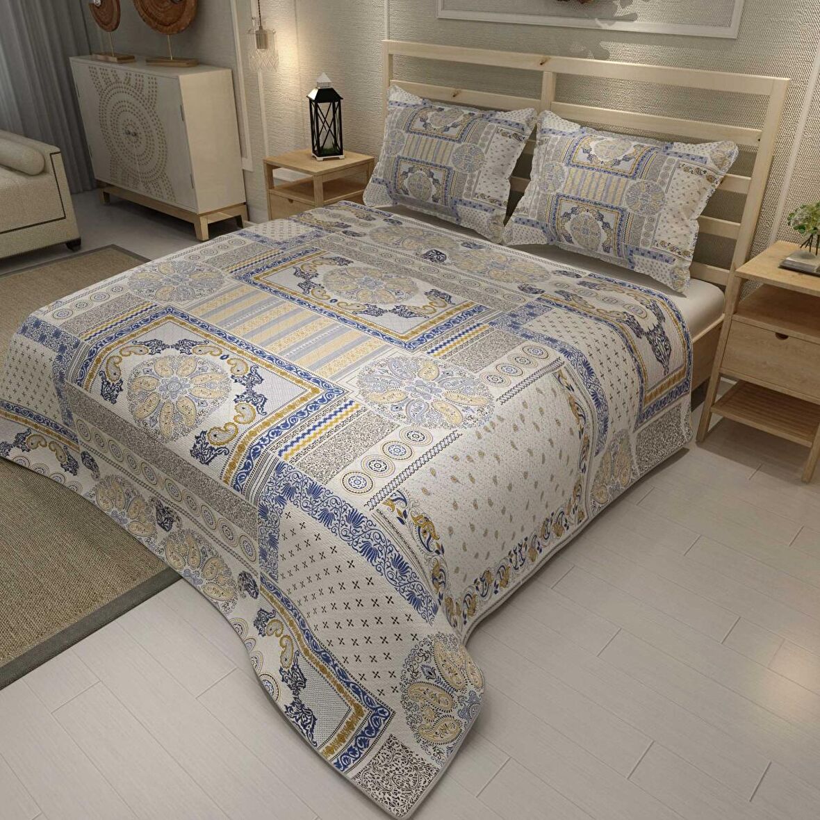MonoHome Pike Takımı Jakar Dokuma Pamuklu 3D Dijital Baskı  Blue Patchwork