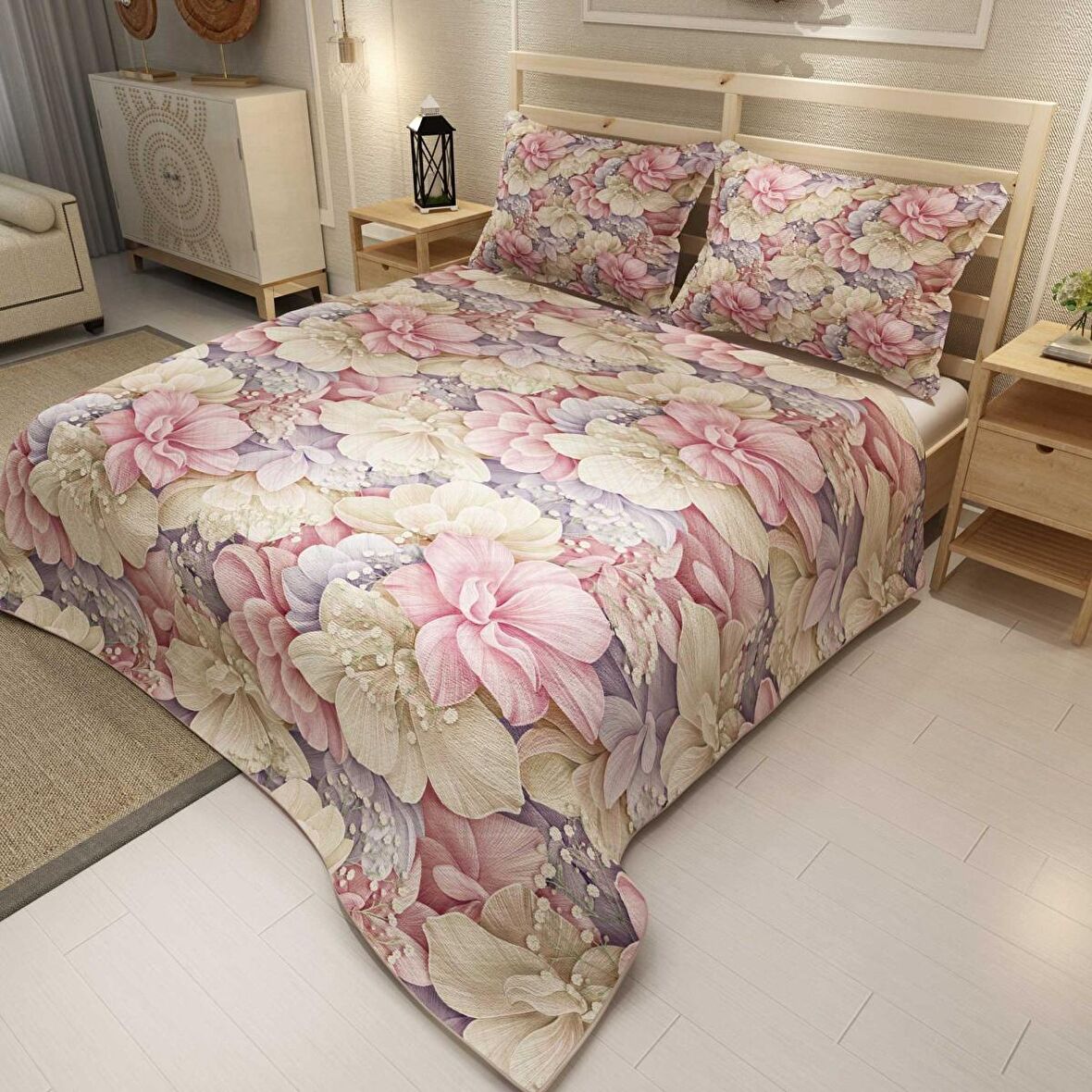 MonoHome Pike Takımı Jakar Dokuma Pamuklu 3D Dijital Baskı Flowers Coverlet