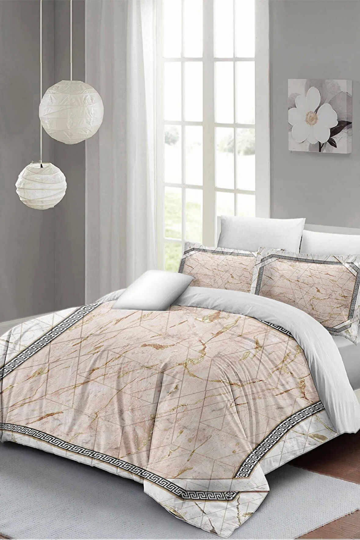 Nevresim Takımı %100 Doğal Pamuk Çift Kişilik 3d Digital Pink Marble
