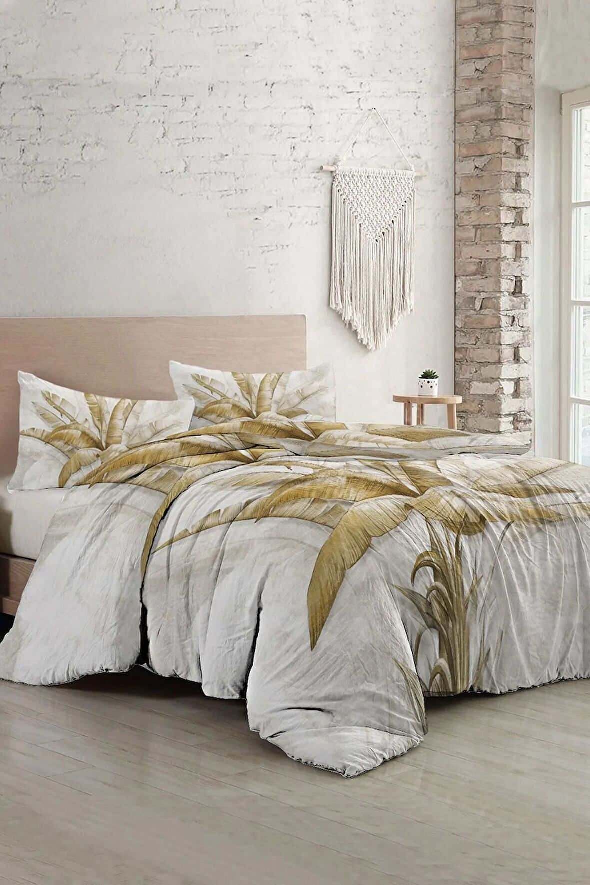 Retro Palm Luxury Çift Kişilik Pamuk Saten Nevresim Takımı