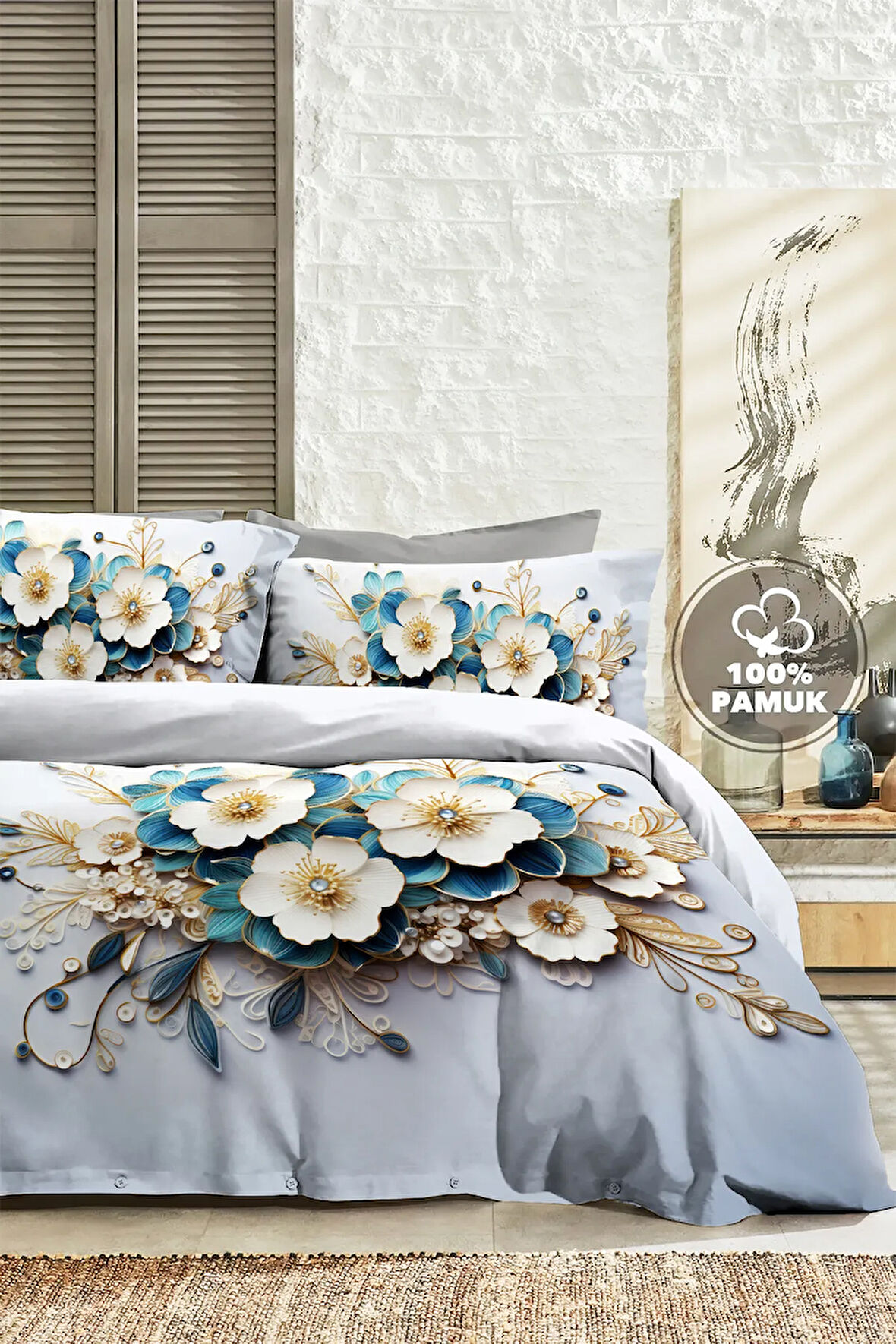 %100 PAMUK Ranforce Çeyizlik Luxury 5D Dijital Çift Kişilik Nevresim Takımı Gold