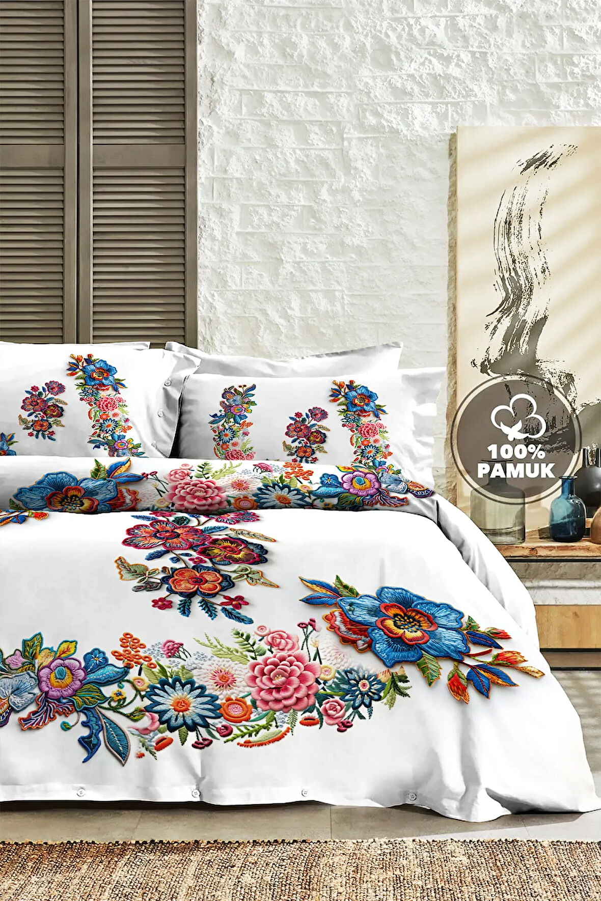 %100 PAMUK Ranforce Çeyizlik Luxury 5D Dijital Çift Kişilik Nevresim Takımı Nakış