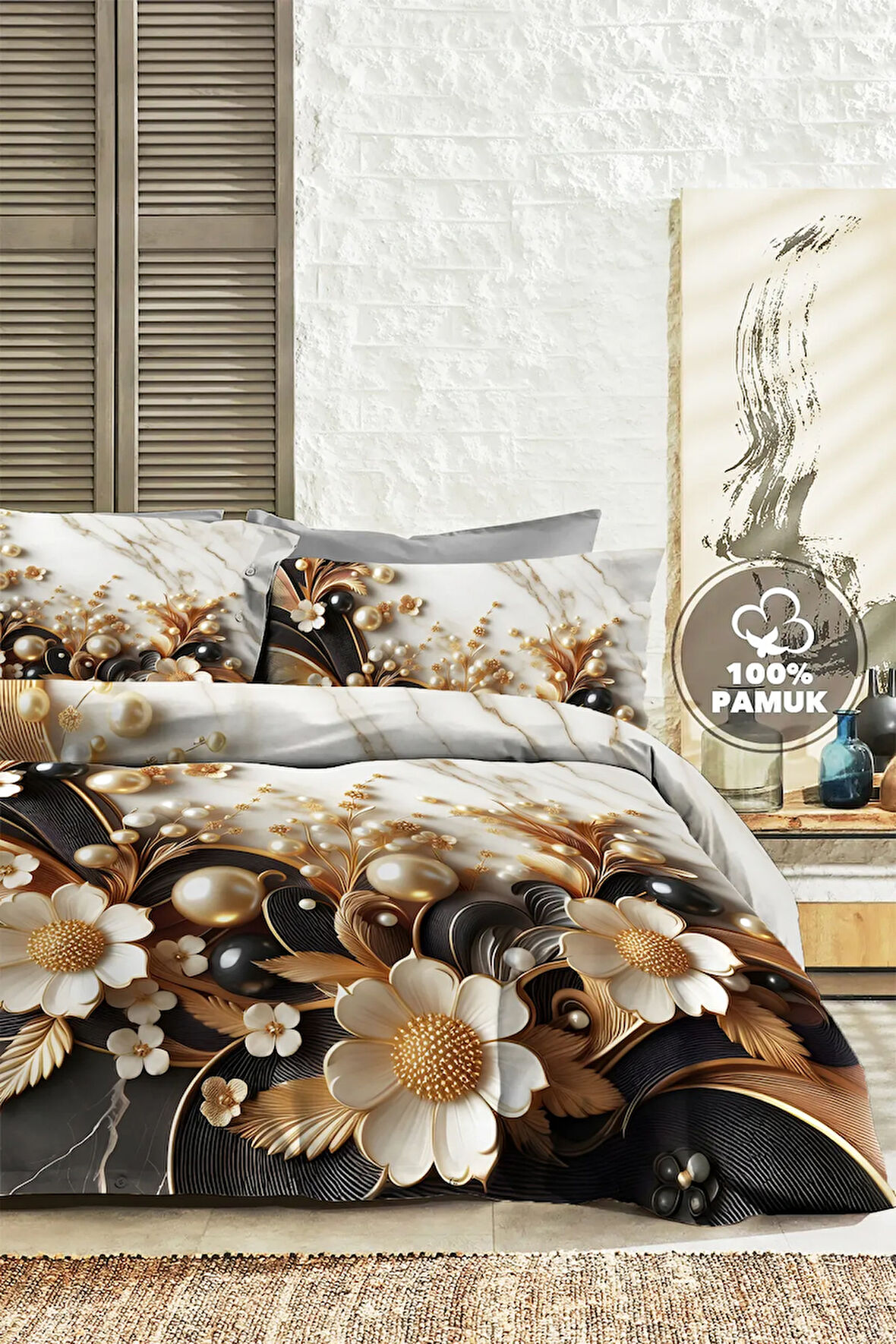 %100 Pamuk Ranforce Çeyizlik Luxury 5D Dijital Çift Kişilik Nevresim Takımı Perla
