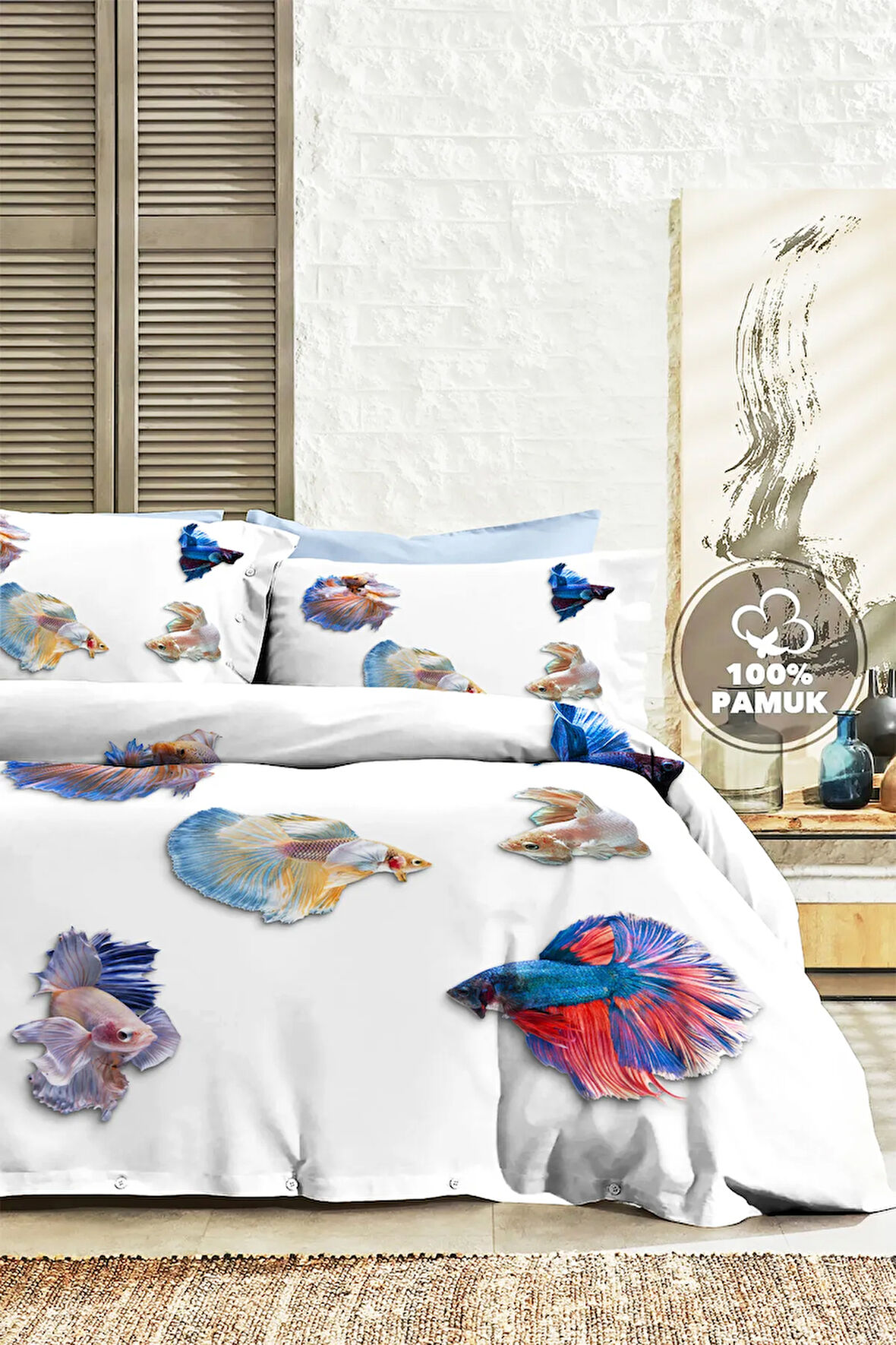 %100 Pamuk Ranforce Çeyizlik Luxury 5D Dijital Çift Kişilik Nevresim Takımı Akvaryum