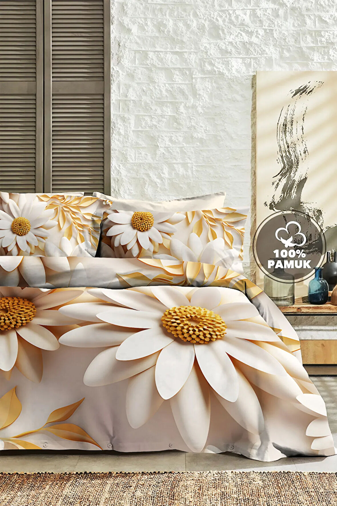 Çift Kişilik Nevresim 3D Tasarım %100 Pamuk Oeko-tex®Sertifikalı Özel Dokuma Papatya