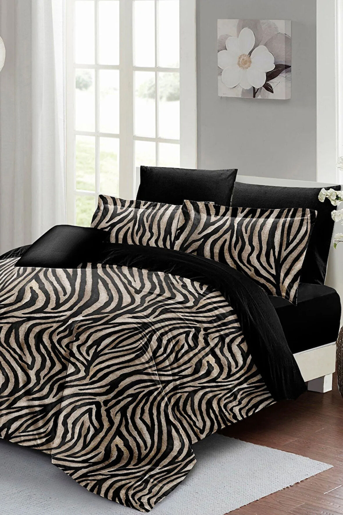 Çift Kişilik Nevresim Takımı Sık Dokuma Pamuk Saten 3d Özel Tasarım Black Zebra