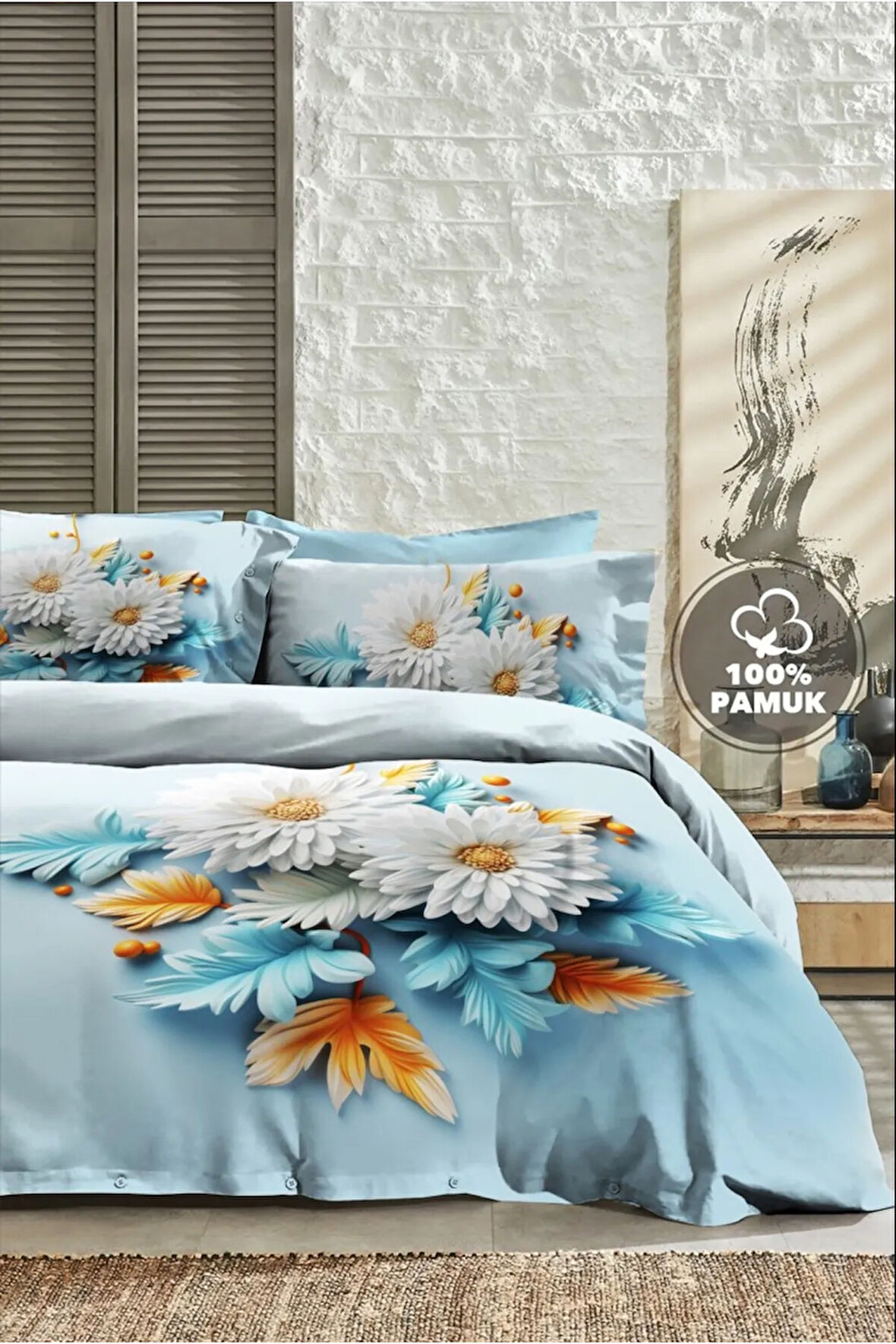 Çift Kişilik Nevresim 5D Tasarım %100 Pamuk Oeko-tex®Sertifikalı Özel Dokuma Mavi Papatya