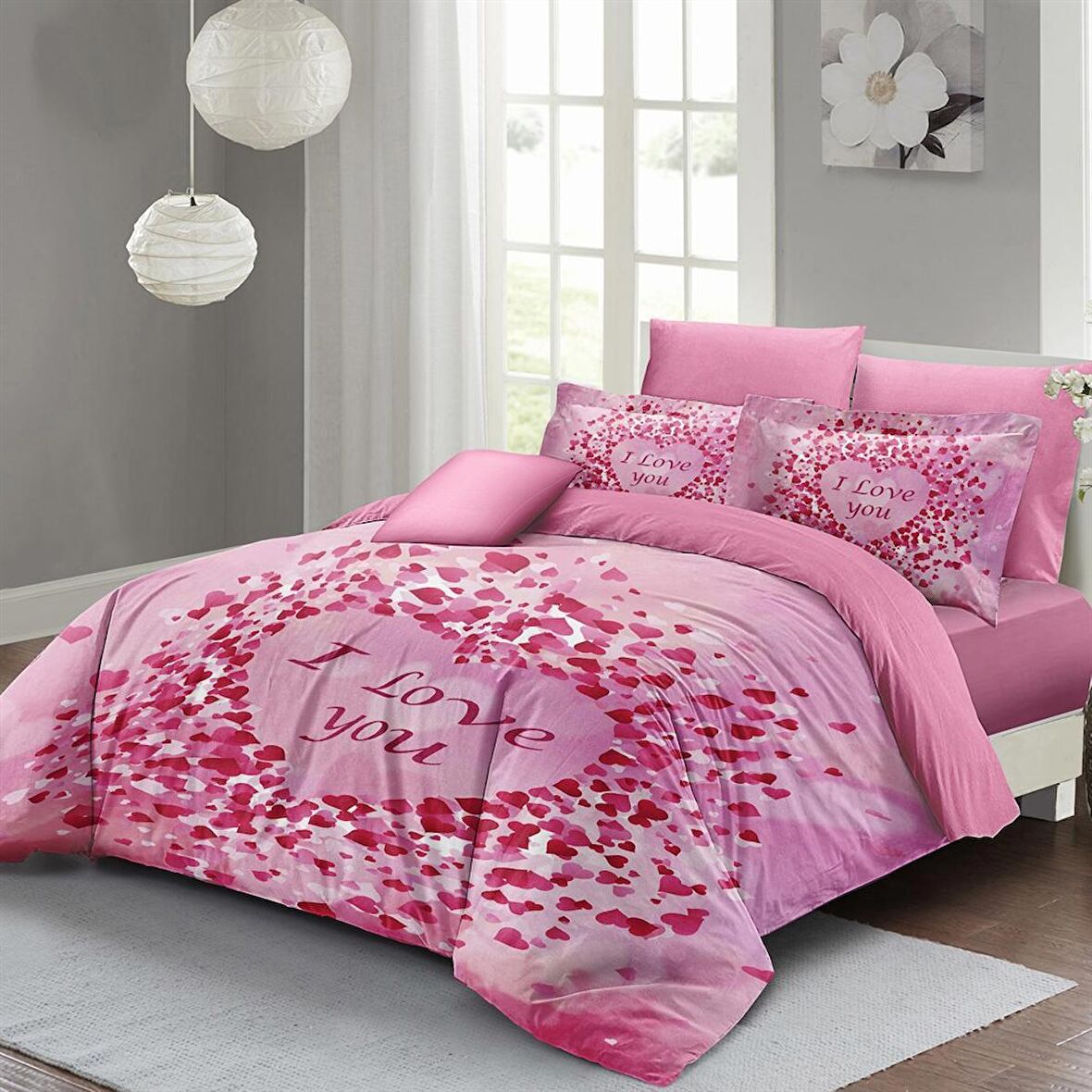 MONOHOME Sevgililer Günü Çift Kişilik Nevresim Takımı %100 Pamuk Saten I Love You