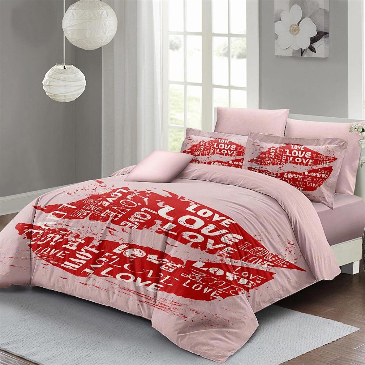 MONOHOME Sevgililer Günü Çift Kişilik Nevresim Takımı %100 Pamuk Saten Kiss